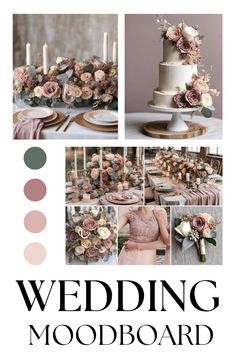 the wedding mood board is filled with pink and grey flowers, candles, and cake