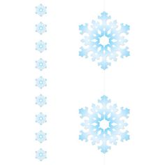 three snowflakes hanging from strings on a white background