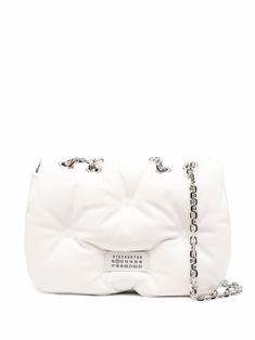 white leather quilted finish signature numbers motif foldover top with magnetic fastening leather and chain-link shoulder strap internal zip pocket main compartment Glam Slam, Flap Shoulder Bag, Dolce E Gabbana, Zip Pouch, Quilted Leather, Leather Design, Flap Bag, White Bag, Chain Strap