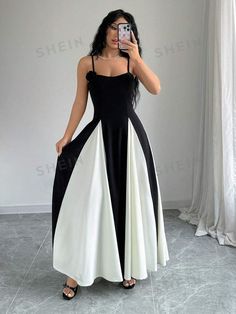 SHEIN Privé Colorblock Spaghetti Strap Long Dress | SHEIN USA Black And White Elegant Dress, Lady Boss Outfit, White Elegant Dress, Boss Lady Outfit, White Dress With Black, Spaghetti Strap Long Dress, Women Maxi Dresses, Outfit Shein, Boss Outfit