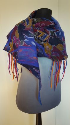 Colorful fancy nuno felted triangular scarf, blue crimson pink yellow orange green multi-color autumn scarf with fringes Autumn Scarf, Nuno Felt Scarf, Fall Scarves, Felted Scarves, Nuno Felting, Warm Autumn, Elegant Accessories, Shawls And Wraps, Yellow Orange