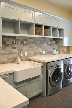 two pictures of the same kitchen and laundry room in one photo, each with their own washer and dryer