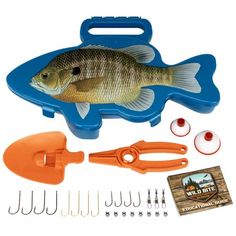 a fishing kit with fish and tools