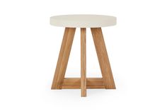 a white stool with wooden legs and a round seat on the bottom, against a white background