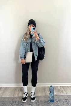 Casual ootd Trucker Denim jacket Leggings White socks Vans Beanie Fall outfits jeans #LTKFind #LTKunder50 Follow my shop @LOLA on the @shop.LTK app to shop this post and get my exclusive app-only content! #liketkit @shop.ltk https://liketk.it/4brBl Follow my shop @LOLA on the @shop.LTK app to shop this post and get my exclusive app-only content! #liketkit #LTKstyletip #LTKfindsunder100 #LTKfindsunder50 #LTKsalealert @shop.ltk https://liketk.it/4lzEg White Vans Fall Outfit, Jean Jacket Beanie Outfit, Vans Socks Outfit Women, Black Vans Outfit Women Winter, Light Blue Jeans Jacket Outfit, Vans And Sweatpants Outfit, Gym Outfit With Vans, Leggings White Socks Outfit, Leggings Vans Outfit