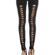 New With Tags Very Rocker Style Black Stretch Legging Pants With Cross Lace Fronts And Metal Silver Hoops. Standard Ladies Sized True Fit In Small Medium Large Machine Wash And Dry Lace Fronts, Stylish Leggings, Lace Up Leggings, Lace Leggings, Legging Pants, Rocker Style, Stretch Leggings, Stretch Lace, Silver Hoops