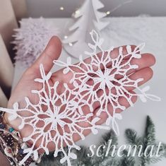 a hand holding some white snowflakes in front of a christmas tree ornament