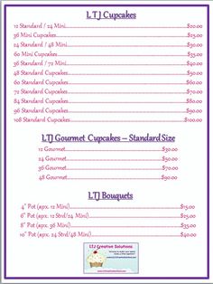 a menu for a cupcake shop with prices on the front and back pages in purple