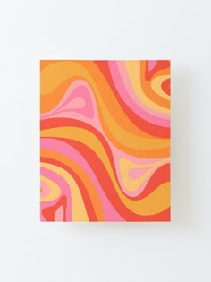 an abstract painting on a white wall with pink, yellow and orange swirls in the background