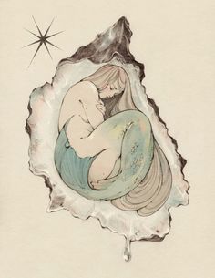 a drawing of a woman holding a baby in a shell with a star above it