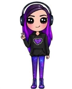 a cartoon girl with headphones on and wearing purple hair, standing in front of a white background