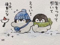 two penguins with hats and scarves are in the snow, one is holding a bird