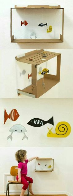 Geridönüşüm Cardboard Aquarium, Paper Aquarium, Tank Craft, Hanging Aquarium, Aquarium Craft, Diy Fish Tank, Diy Aquarium, Cardboard Crafts