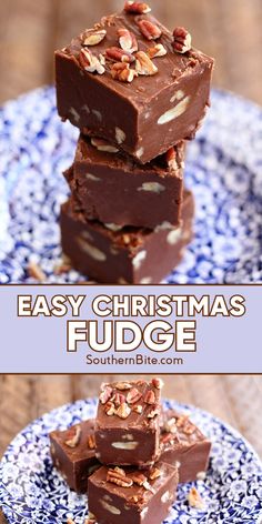 chocolate fudge stacked on top of each other with nuts in the middle and text overlay that reads easy christmas fudge