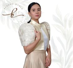 Classic Details, 100% Authentic Fabric, Handcrafted by Filipino Barong Weavers, Super High Quality  & Affordable  A golden organza bolero Filipiniana is a beautiful and elegant accessory that can add a touch of sophistication and glamour to any Filipiniana outfit. Made from delicate and lightweight organza fabric, these boleros are perfect for formal events such as weddings, galas, and other special occasions. One of the most appealing aspects of a gold organza bolero Filipiniana is its timeless and classic color. Gold is a versatile color that can be paired with a variety of traditional Filipino clothing, including the barong Tagalog and the terno. It can also be paired with a modern dress or gown for a more contemporary look. A gold organza bolero Filipiniana can be worn in a variety of One Shoulder Filipiniana, Modern Filipiniana Bolero, Bolero Filipiniana, Filipiniana Barot Saya, Filipiniana For Oath Taking, Filipino Clothing, Elegant Updo, Wedding Shawl, Organza Fabric