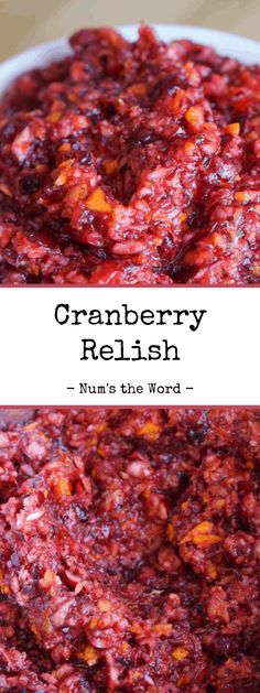 cranberry relish in a white bowl with the words, mum's the word