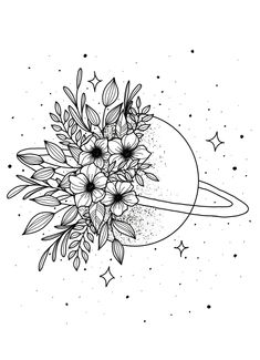 a black and white drawing of flowers in front of the moon with stars around it