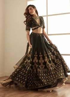 V Neck Banarasi Blouse, Lehenga Designs V Neck, V Neck Traditional Dress, V Neck Lehenga Blouse Designs, Black And Gold Ghagra Choli, Black Banarasi Lehenga, Black And Gold Indian Outfit, V Neck Blouse With Sleeves, Black Gold Lehenga