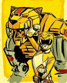 a drawing of a man riding a motorcycle next to a large yellow vehicle with a helmet on