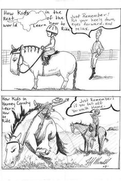 a comic strip with an image of a man riding on a horse and another cartoon about how