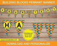 lego party banner with the letters h and m on it, including an image of a birthday