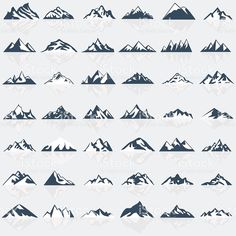 mountain silhouettes with reflection on the water, set of twelve different shapes and sizes