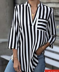 Plus Size Business Attire, Tops Sewing, Black Striped Shirt, Grey Blouse, Fashion Design Sketches, Women Blouses, Summer Wear, Stripe Print, Dressmaking