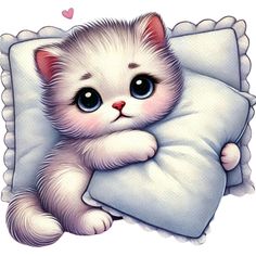 a white kitten laying on top of a pillow next to a pillow with a heart