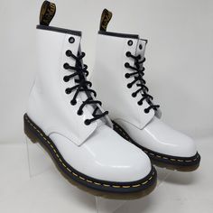 Dr Martens 1460 Boots Womens 10 White Patent Leather Lace Up Combat Ankle Shoes These Are Brand New. They Will Not Ship With Their Original Box. Size: 10 Get Ready To Walk In Style With These White Patent Leather Lace Up Combat Ankle Boots. The Dr. Martens 1460 Boots Are Perfect For Any Occasion, Whether It's For Travel, Casual Wear, Work, Or Parties. With A Solid Pattern And White Color, These Boots Are Versatile And Can Match Any Outfit. The Leather Lining Material And Patent Leather Upper Mat White Leather High-top Combat Boots, White High-top Leather Combat Boots, White Lace-up Boots With Leather Sole, White Leather Combat Boots With Round Toe, White Leather Ankle Combat Boots, White High Ankle Boots With Laces, White Leather Combat Boots, White Leather Lace-up Boots For Streetwear, White Leather Combat Boots For Streetwear