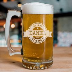 a beer mug sitting on top of a wooden table