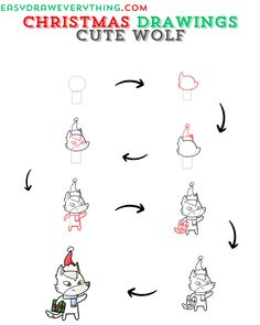 Cute Christmas wolf Drawing For Christmas, Christmas Wolf, Cute Wolf Drawings, Cute Wolf, Wolf Drawing