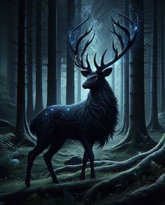 a deer standing in the middle of a forest with stars on it's antlers