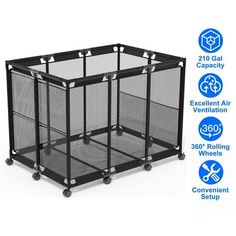 four mesh storage bins with wheels and labels on the side, each containing different types of