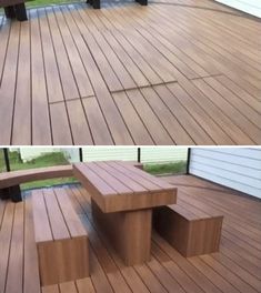 two pictures of benches on a wooden deck