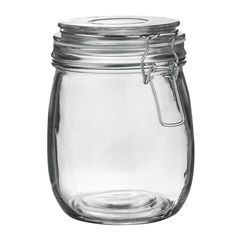 a glass jar with a metal clip on the lid