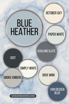 blue and white buttons with the words blue heather on them in black, white, gray