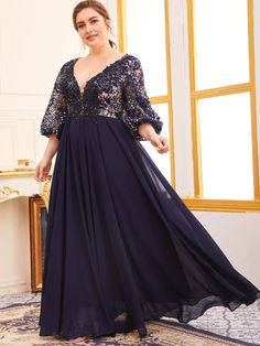 Plus Embroidery Mesh Panel Sleeve Formal Dress SHEIN USA Diner Outfits, Shein Plus Size, Gowns Online Shopping, Dinner Gowns, Plus Size Evening Gown, Plus Zise, Big Size Dress, Dresses Shein, Long Evening Dresses