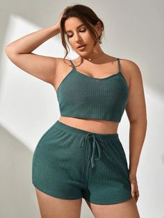 Plus Rib-knit Tie Waist Cami PJ Set | SHEIN USA Mens Night Suit, Night Suit For Women, Knit Lounge Set, Knit Loungewear, Plus Size Sleepwear, Plus Size Pajamas, Crop Top And Shorts, Cami Crop Top, Pajama Sets