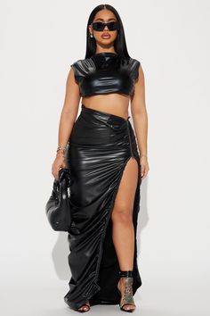 Angelina Ruched Faux Leather Maxi Skirt - Black | Fashion Nova, Skirts | Fashion Nova Leather Maxi Skirt, Plus Size Skirt, Black Maxi Skirt, Black Maxi, Bottom Clothes, Skirt Black, Skirt Fashion, Side Zipper, Black Fashion