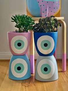 two planters with plants in them sitting next to each other on a wooden floor