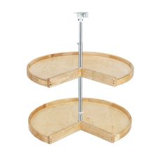 two tiered wooden trays with metal handles on each side and one section open