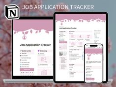 the job application tracker is displayed on two laptops, one with an application tracker