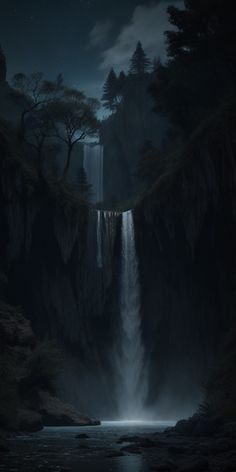 a waterfall in the middle of a forest at night