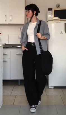 Skater Office Outfit, Minimal Goth Aesthetic, Tech Job Outfit Women, Black Pleated Pants Outfit, Grad Student Outfit, Queer Business Casual, Plus Size Rocker Chic, Feminine Tomboy Style, Office Outfits Summer