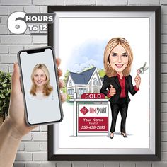 a person holding up a cell phone next to a caricature of a real estate agent