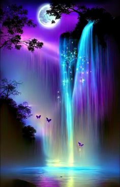 the waterfall is lit up with colorful lights and butterflies flying over it, while the moon shines in the background