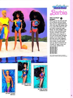 an advertisement for barbie dolls featuring two women in swimsuits and one is wearing a bathing suit