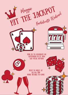 a pink poster with red and white designs on it's sides, including cards, dice