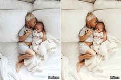 two young children cuddle together on a bed with white sheets and blankets, one holding a cat