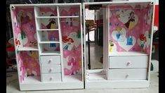 two children's wardrobes with disney princess wallpaper on the walls and drawers